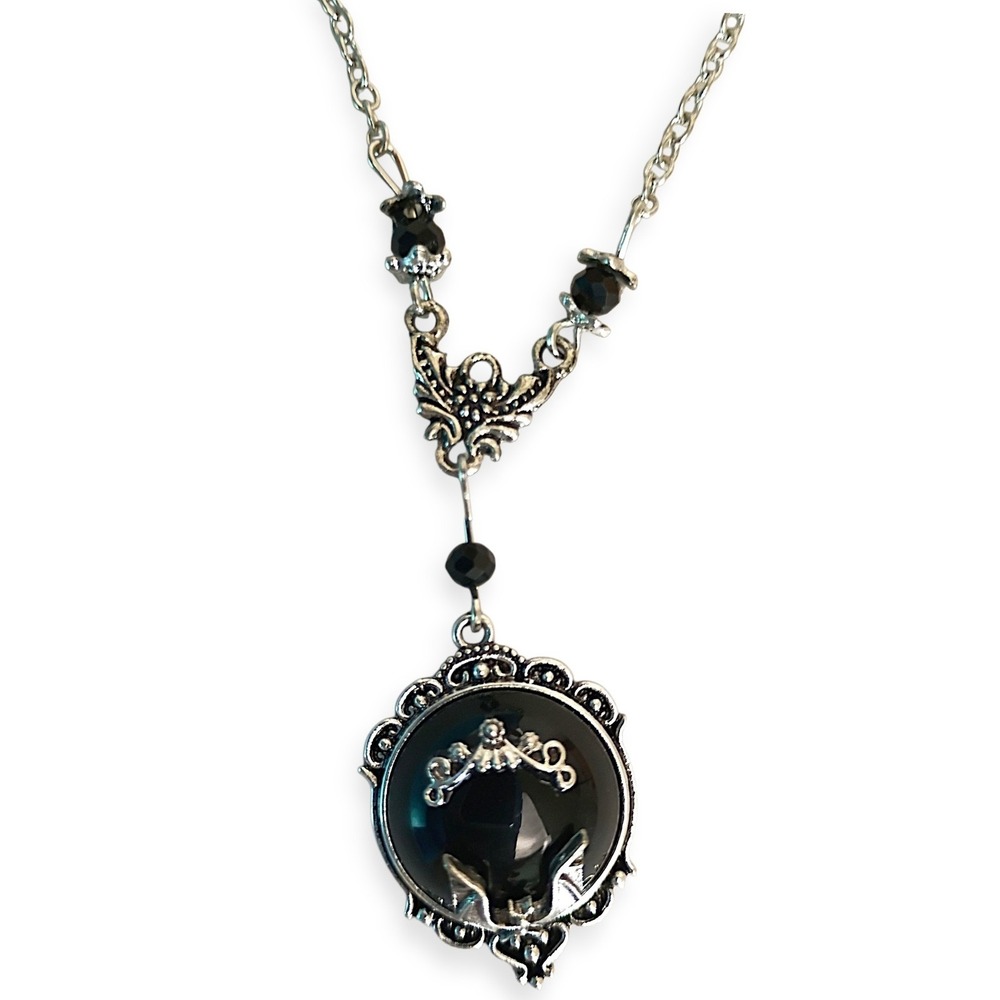 Gothic Bat Charm Black Stone Pendant Necklace Silver Tone Chain 22" Witchy Party